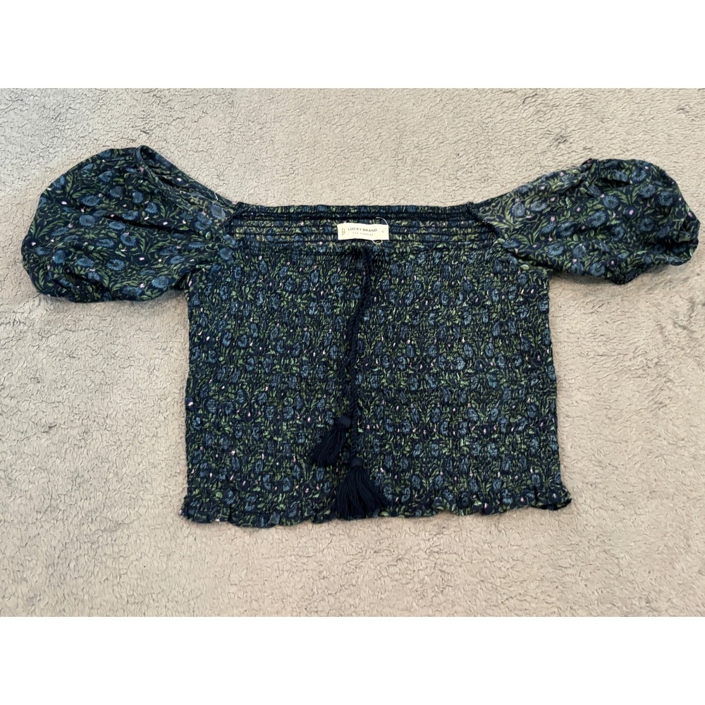 Lucky Brand Floral Smocked Off The Shoulder Puff Sleeve Tassel Top Blue Green S